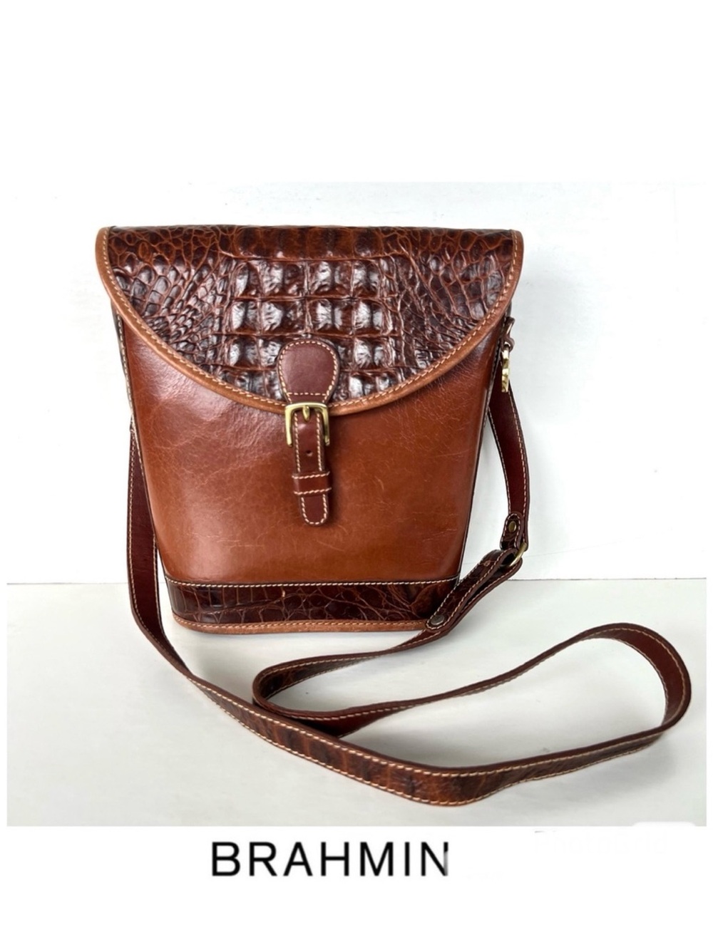 BRAHMIN Vintage Brown Tan Croc Embossed Leather Gold Hardware  Crossbody Bag